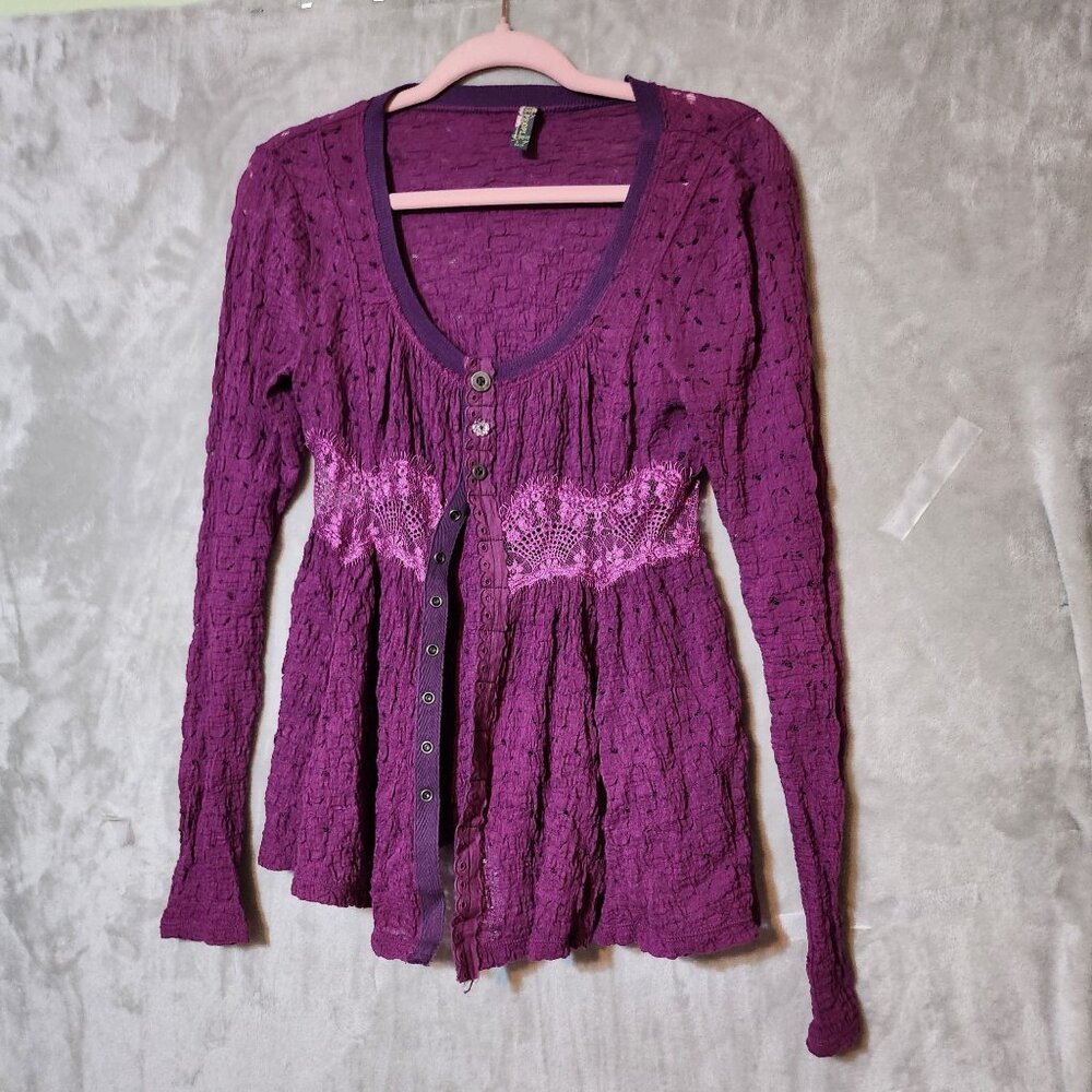 Free People Cottage Core Boho Long Sleeve Purple Lace Snap-Up Cardigan‎ Size XS